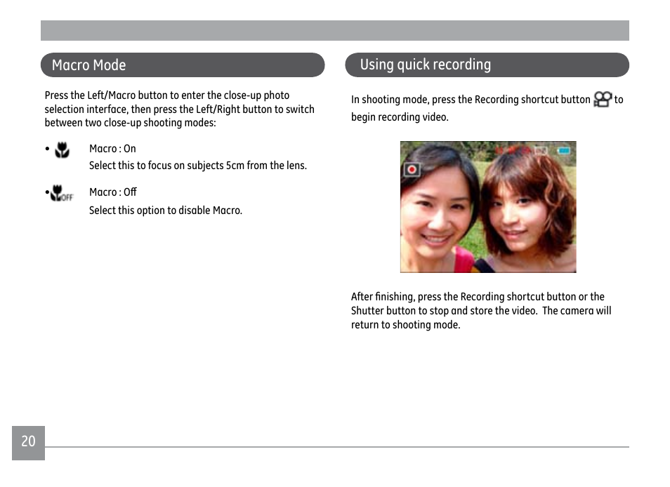 Macro mode using quick recording | GE E1450W User Manual | Page 23 / 85
