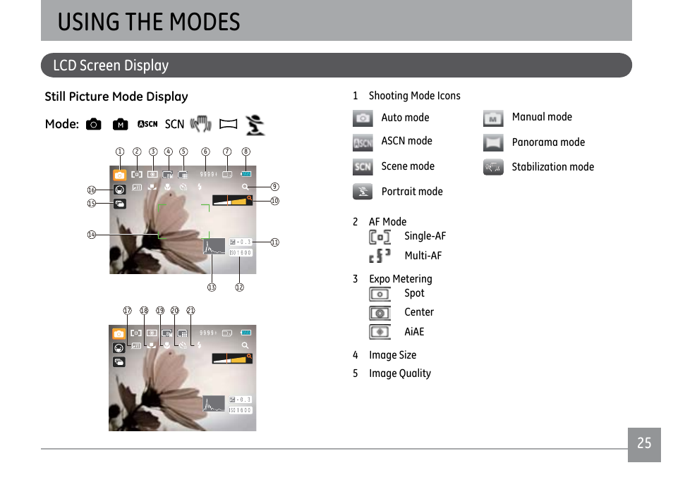 Using the modes, 24 25 lcd screen display, Still picture mode display mode | GE E1450W User Manual | Page 28 / 85