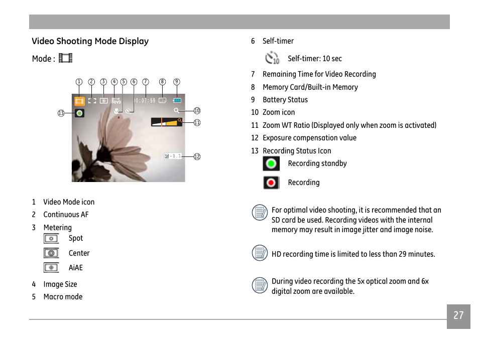 Video shooting mode display mode | GE E1450W User Manual | Page 30 / 85