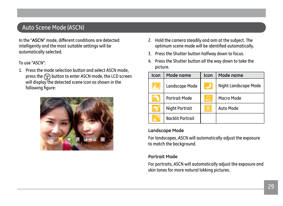 Auto scene mode (ascn) | GE E1450W User Manual | Page 32 / 85
