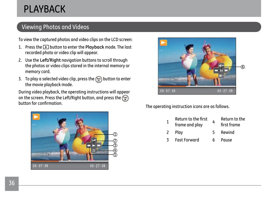 Playback, 36 37 viewing photos and videos | GE E1450W User Manual | Page 39 / 85