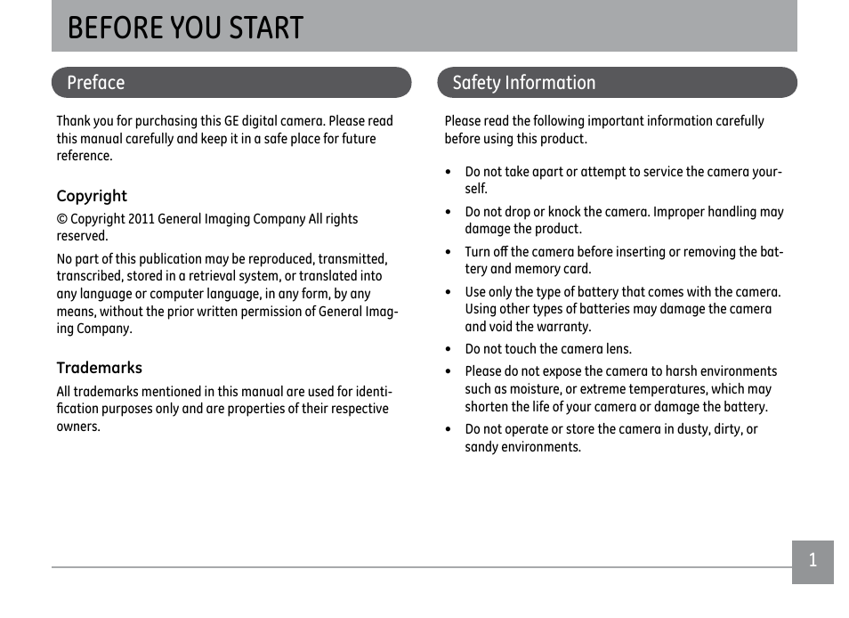 Before you start, Ii 1, Preface | Safety information | GE E1450W User Manual | Page 4 / 85