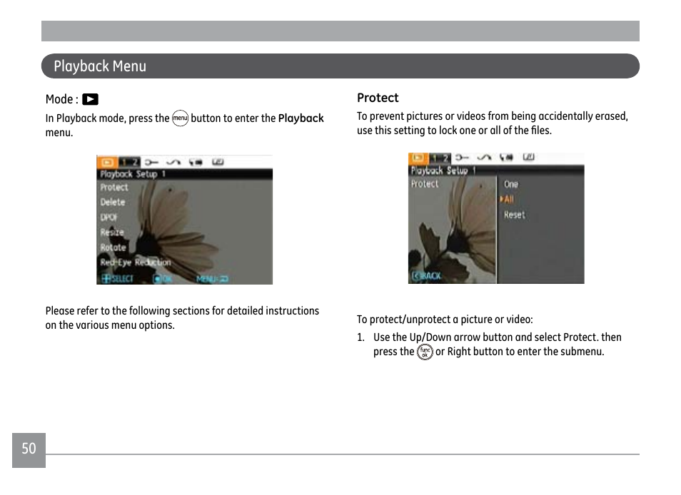 50 51 playback menu | GE E1450W User Manual | Page 53 / 85