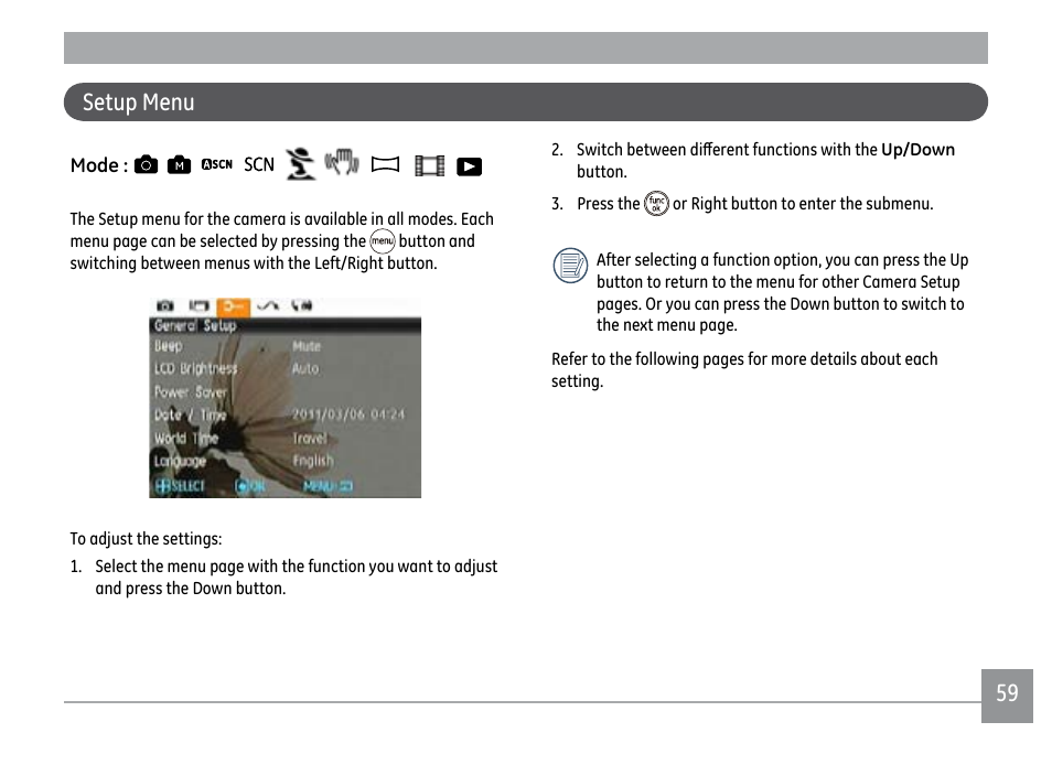 Setup menu | GE E1450W User Manual | Page 62 / 85