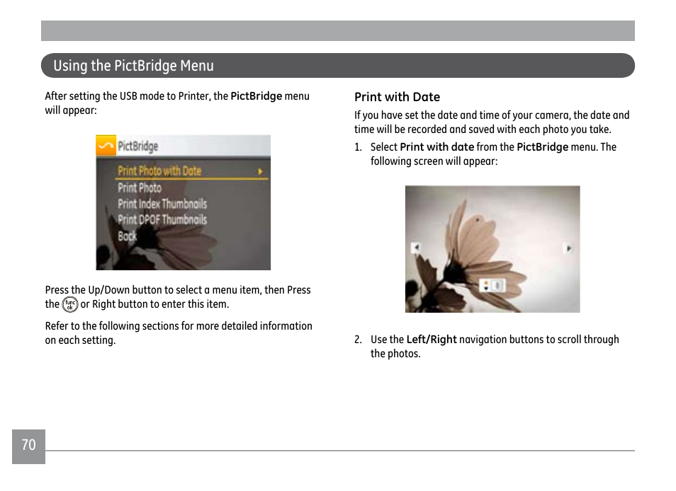 Using the pictbridge menu | GE E1450W User Manual | Page 73 / 85