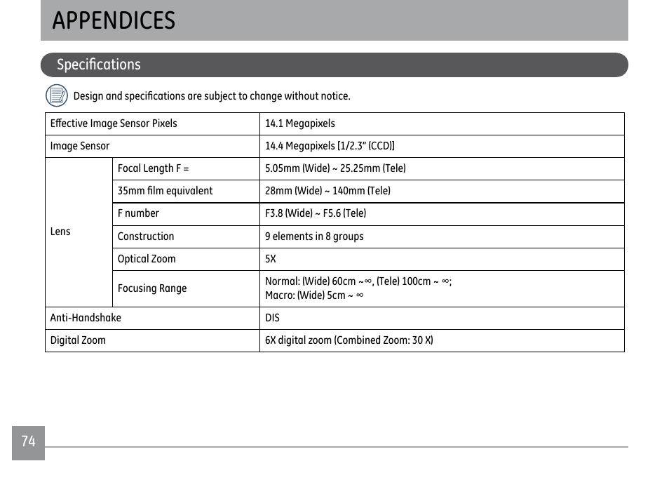 Appendices, 74 75 specifications | GE E1450W User Manual | Page 77 / 85