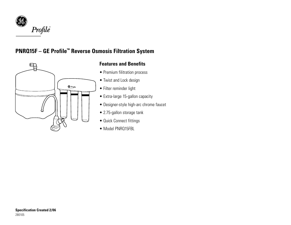 Pnrq15f – ge profile, Reverse osmosis filtration system | GE PNRQ15FBL User Manual | Page 2 / 2