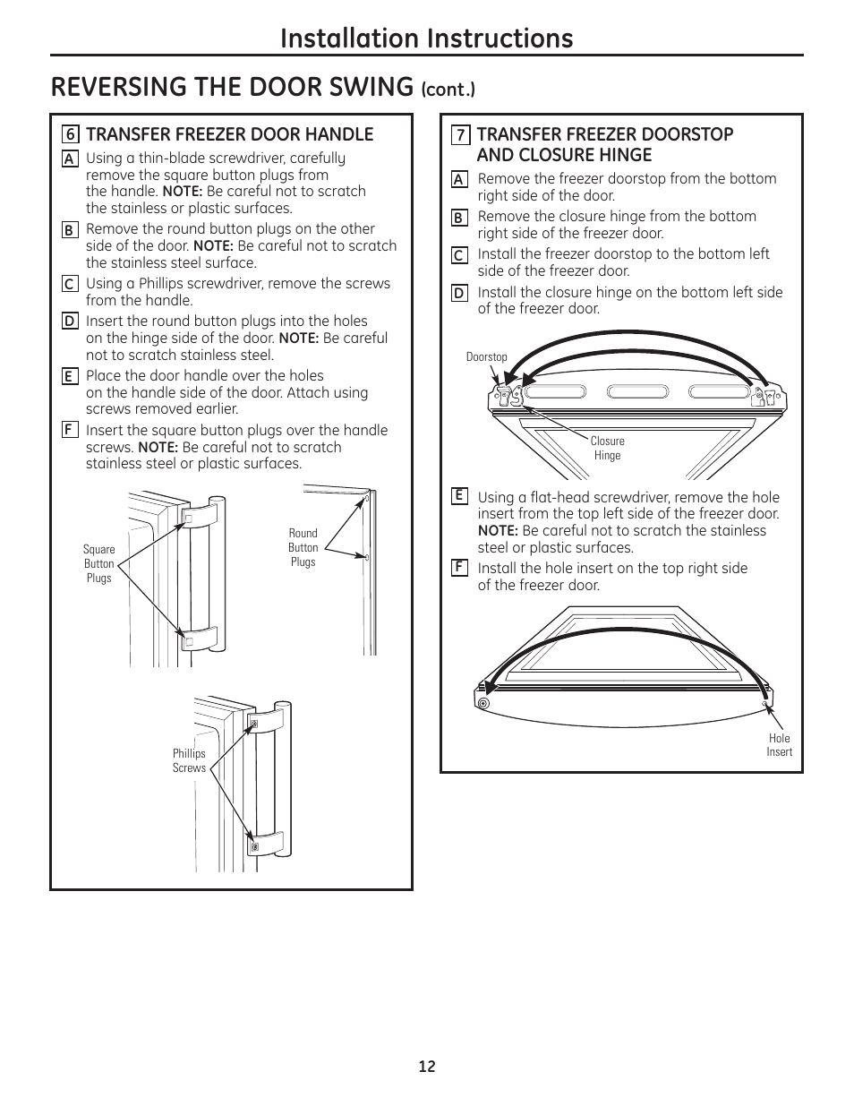 Installation instructions reversing the door swing, Cont.) transfer freezer door handle, Transfer freezer doorstop and closure hinge | GE GBC12IAX User Manual | Page 12 / 68