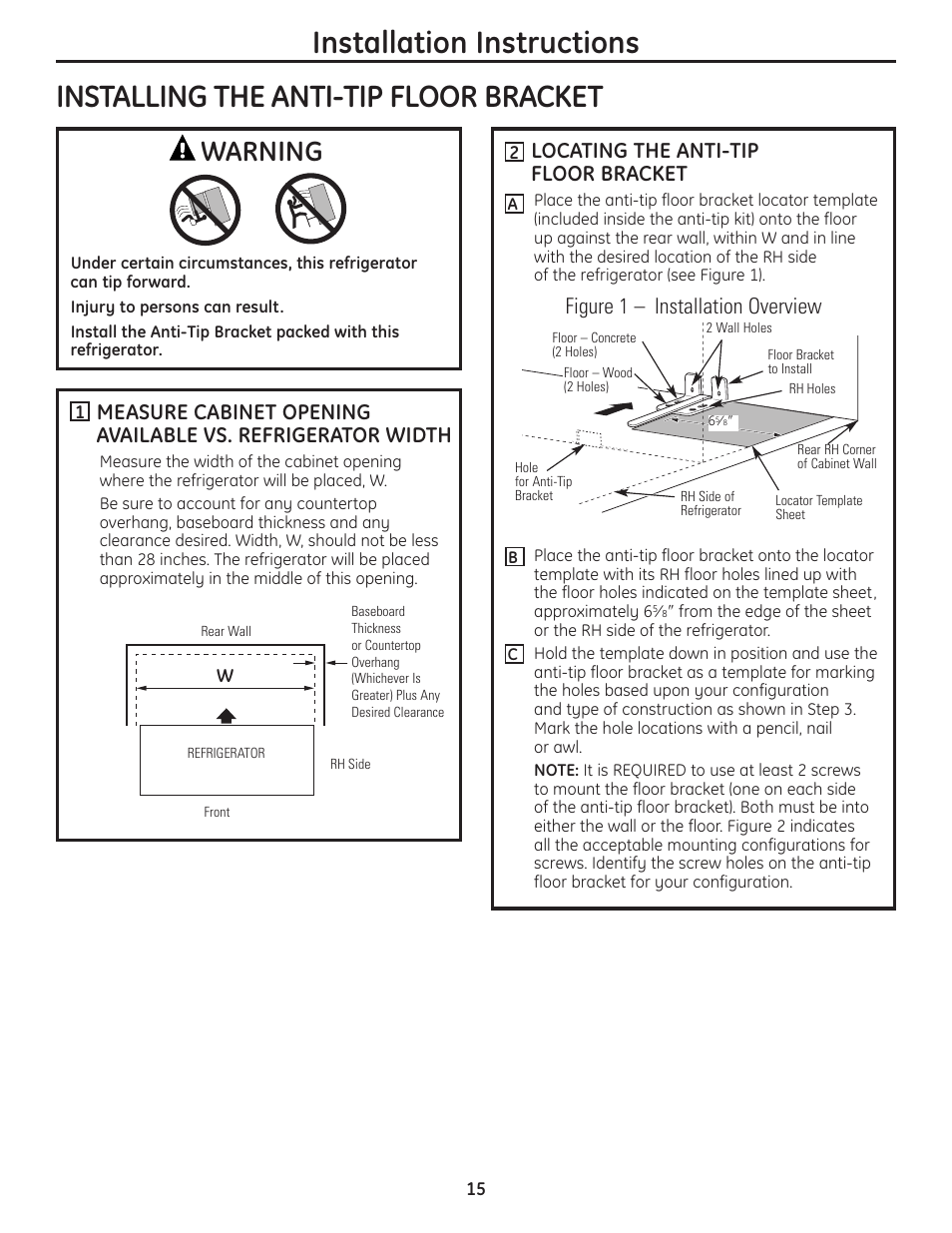 Installing the anti-tip floor bracket, Installing the anti-tip floor bracket , 16, Installation instructions | Warning, Locating the anti-tip floor bracket, Figure 1 – installation overview | GE GBC12IAX User Manual | Page 15 / 68