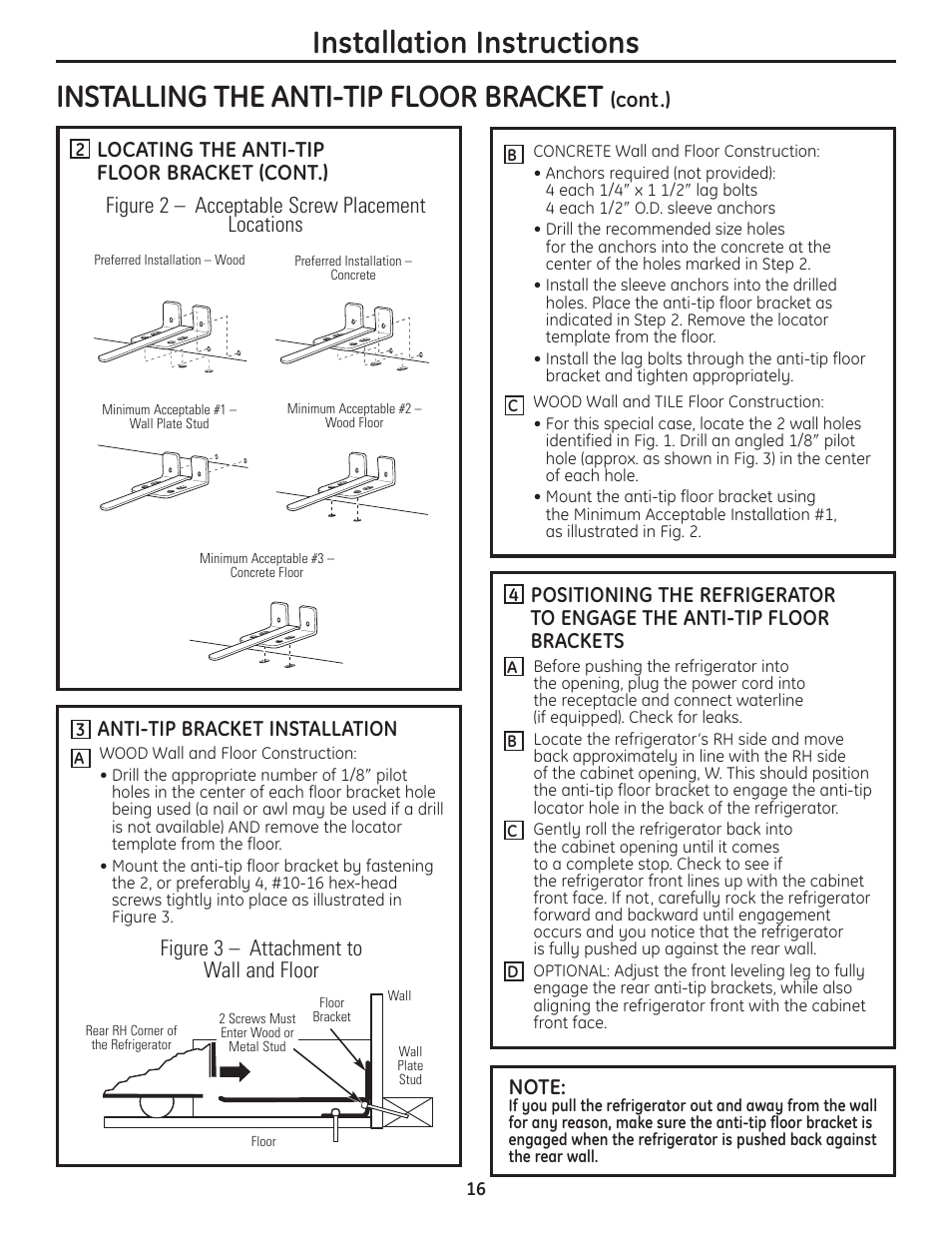 Installation instructions, Installing the anti-tip floor bracket, Locating the anti-tip floor bracket (cont.) | Figure 2 – acceptable screw placement locations, Anti-tip bracket installation, Cont.) | GE GBC12IAX User Manual | Page 16 / 68