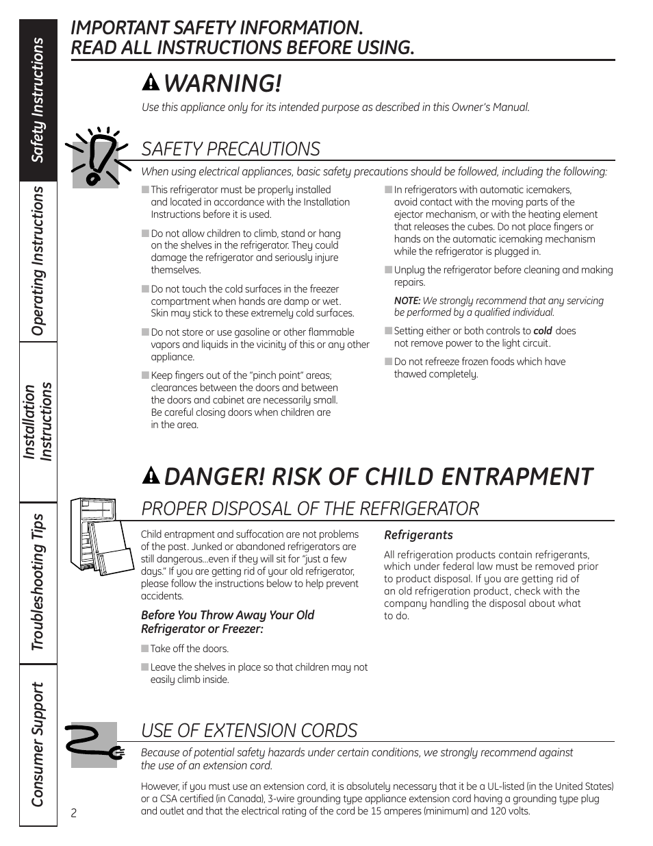 Safety instructions, Warning, Danger! risk of child entrapment | Safety precautions, Proper disposal of the refrigerator, Use of extension cords | GE GBC12IAX User Manual | Page 2 / 68