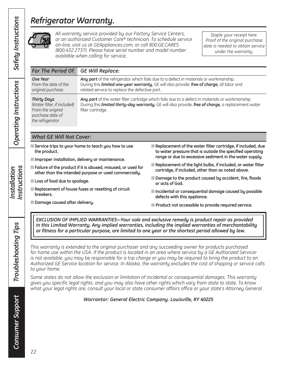 Warranty, Refrigerator warranty | GE GBC12IAX User Manual | Page 22 / 68