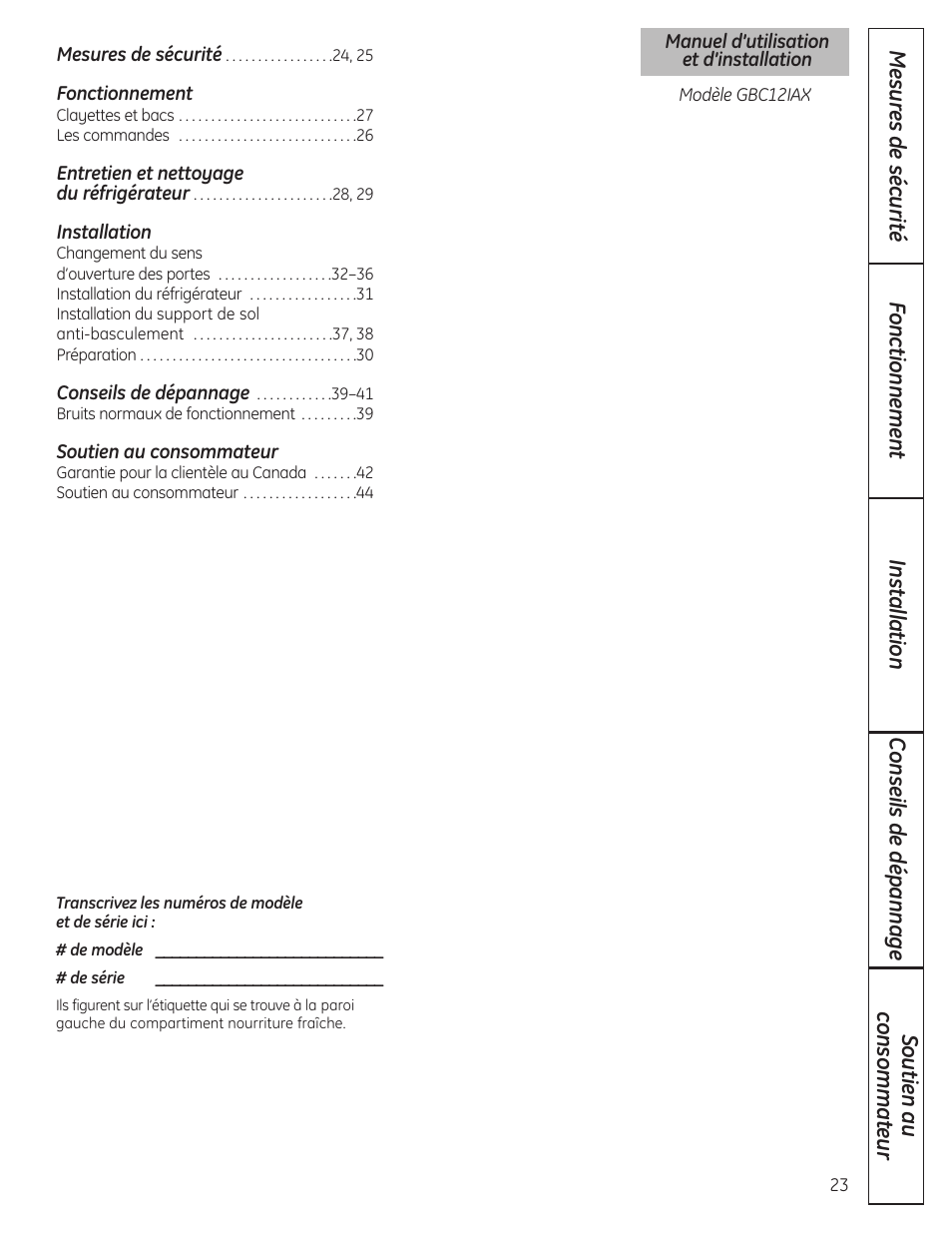 French, Fonctionnement, Installation | Soutien au consommateur | GE GBC12IAX User Manual | Page 23 / 68