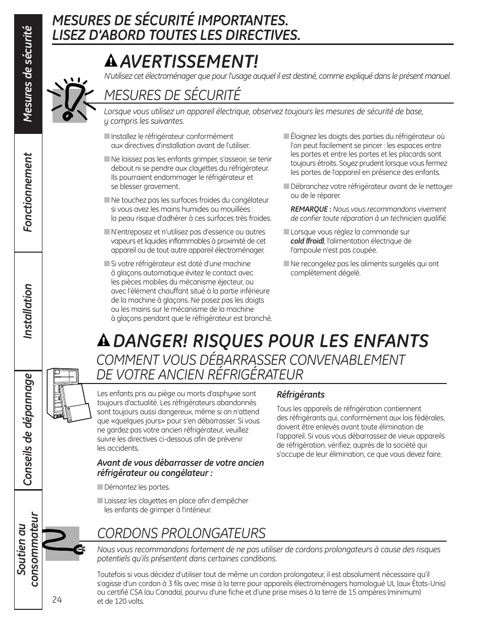 Mesures de sécurité, Avertissement, Danger! risques pour les enfants | Cordons prolongateurs | GE GBC12IAX User Manual | Page 24 / 68