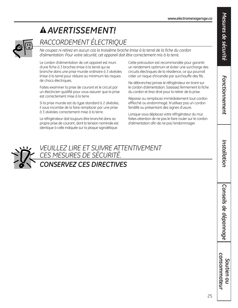 Avertissement, Raccordement électrique | GE GBC12IAX User Manual | Page 25 / 68