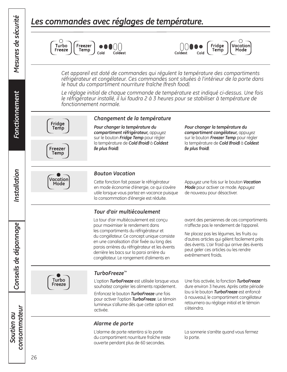 Les commandes, Les commandes avec réglages de température | GE GBC12IAX User Manual | Page 26 / 68