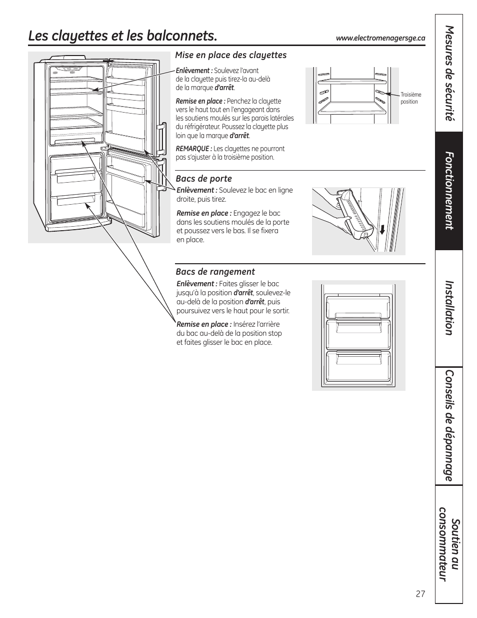 Clayettes et bacs, Les clayettes et les balconnets | GE GBC12IAX User Manual | Page 27 / 68