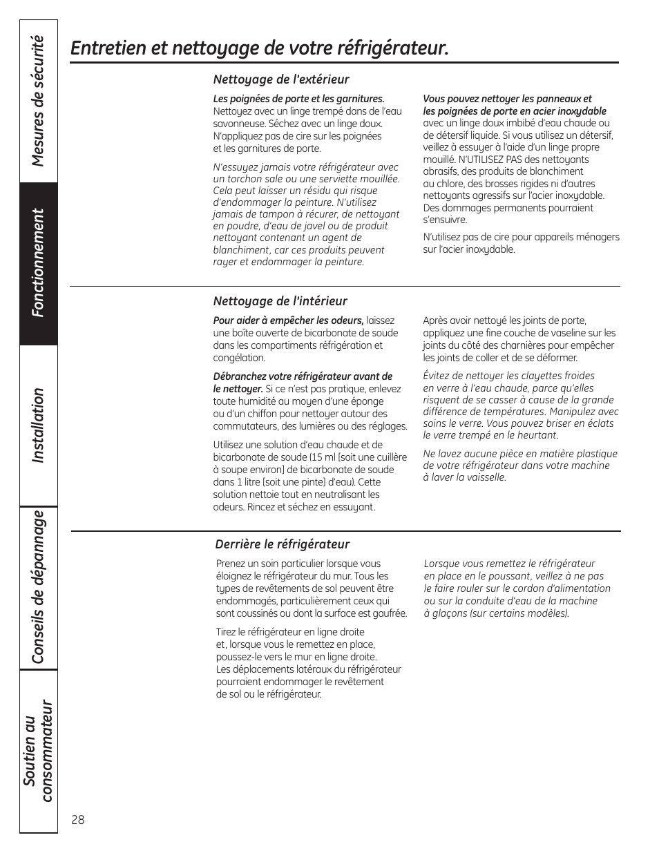 Entretien et nettoyagedu réfrigérateur, Entretien et nettoyage du réfrigérateur, Entretien et nettoyage de votre réfrigérateur | GE GBC12IAX User Manual | Page 28 / 68