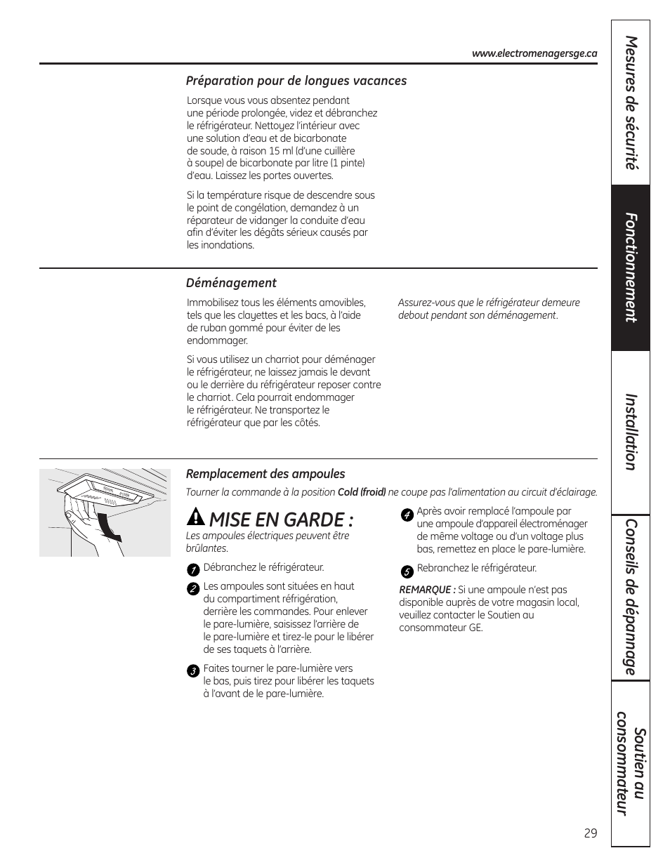 Mise en garde | GE GBC12IAX User Manual | Page 29 / 68