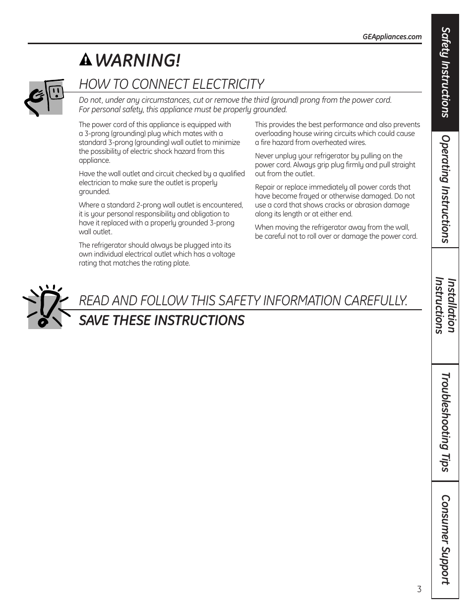 Warning, How to connect electricity | GE GBC12IAX User Manual | Page 3 / 68