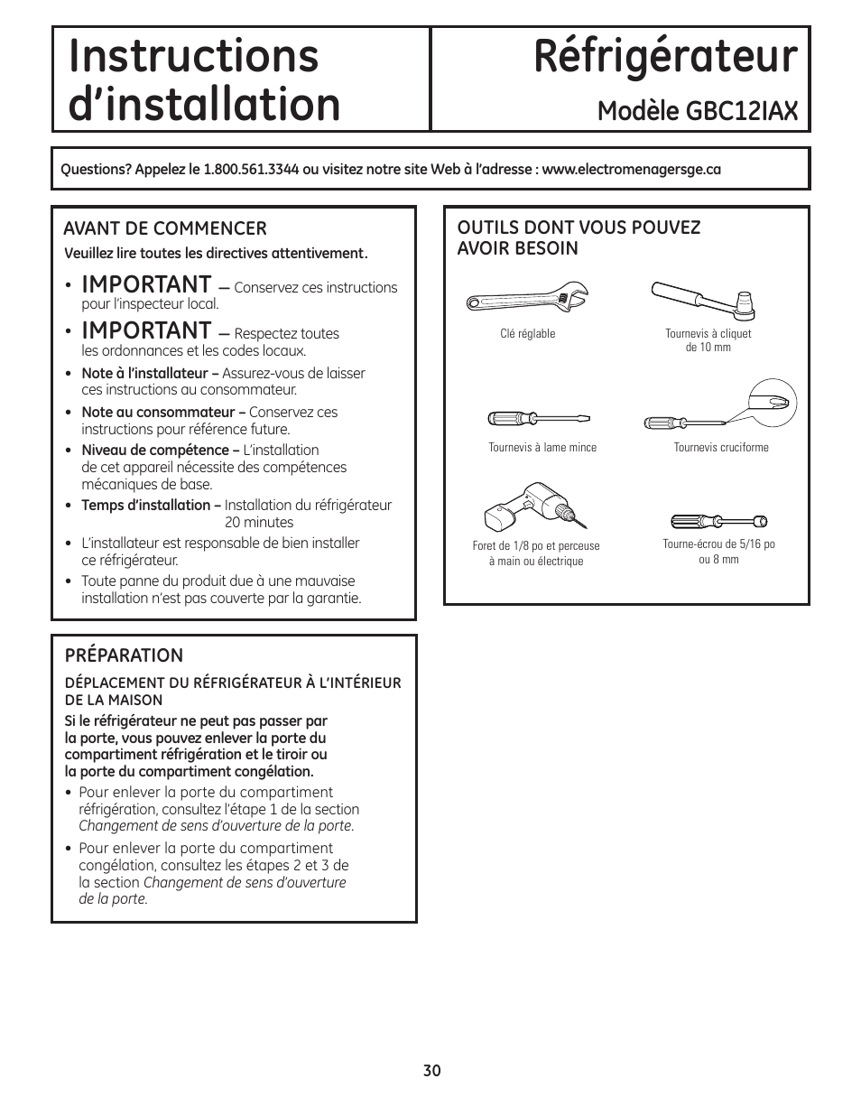 Préparation, Instructions réfrigérateur d’installation, Modèle gbc12iax | Important | GE GBC12IAX User Manual | Page 30 / 68