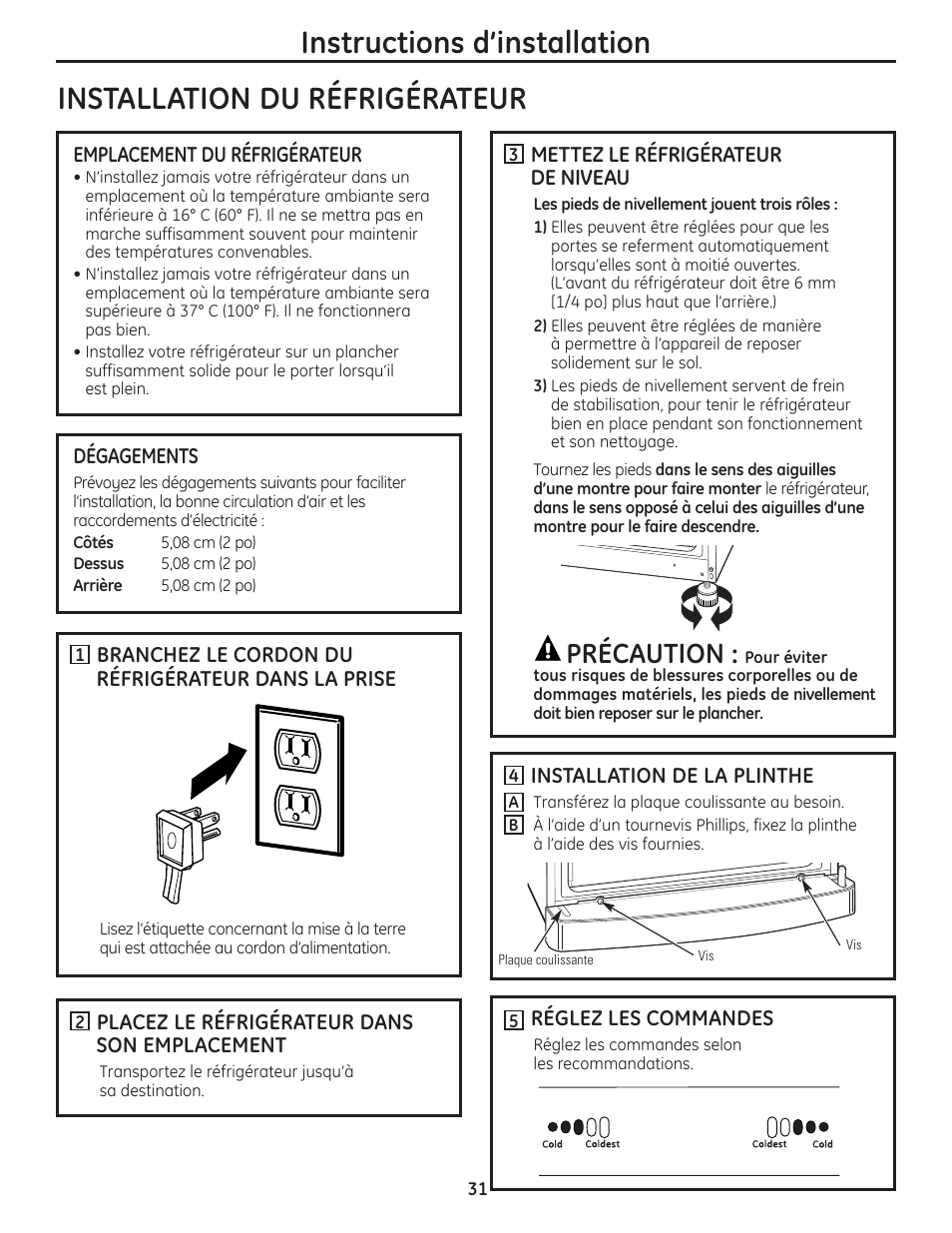 Installation du réfrigérateur, Précaution | GE GBC12IAX User Manual | Page 31 / 68