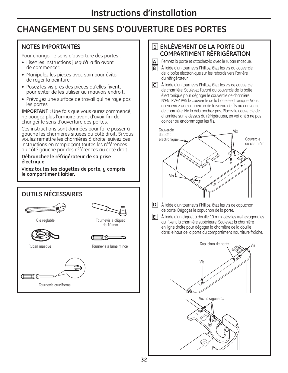 Changement du sens d’ouverture des portes, Changement du sens d’ouverture des portes –36, Outils nécessaires | GE GBC12IAX User Manual | Page 32 / 68