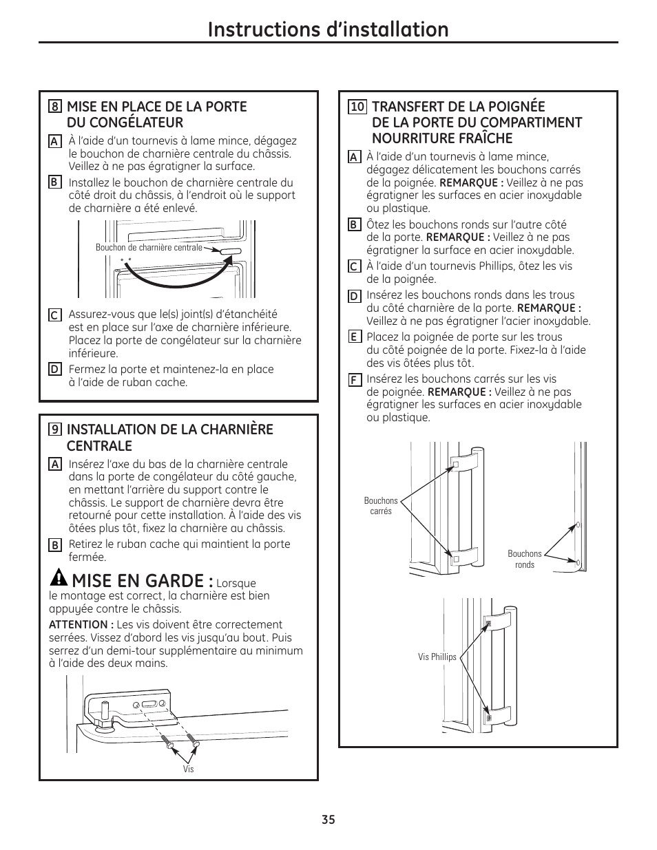 Instructions d’installation, Mise en garde | GE GBC12IAX User Manual | Page 35 / 68