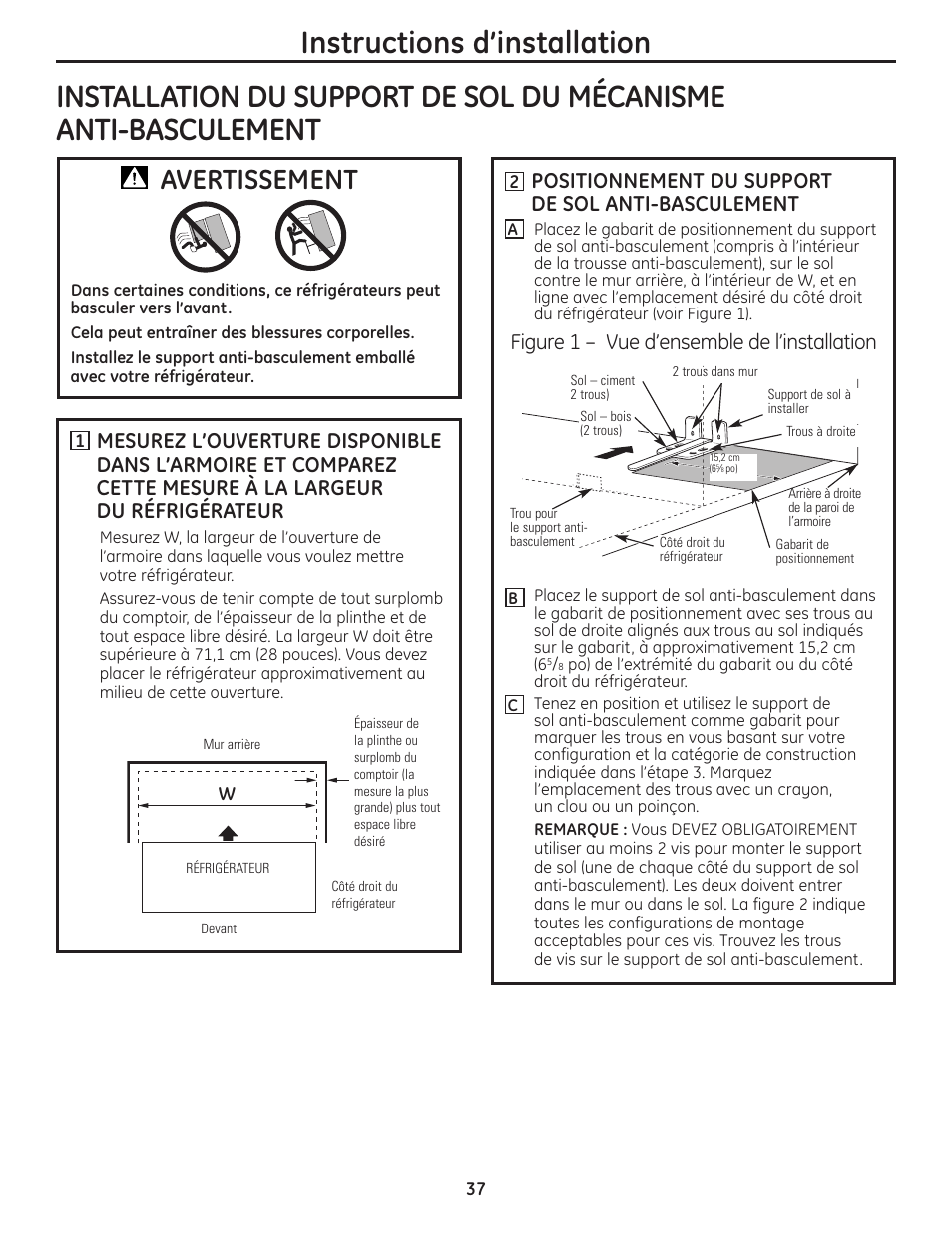 Installation du support de sol anti-basculement, Instructions d’installation, Avertissement | Positionnement du support de sol anti-basculement, Figure 1 – vue d’ensemble de l’installation | GE GBC12IAX User Manual | Page 37 / 68