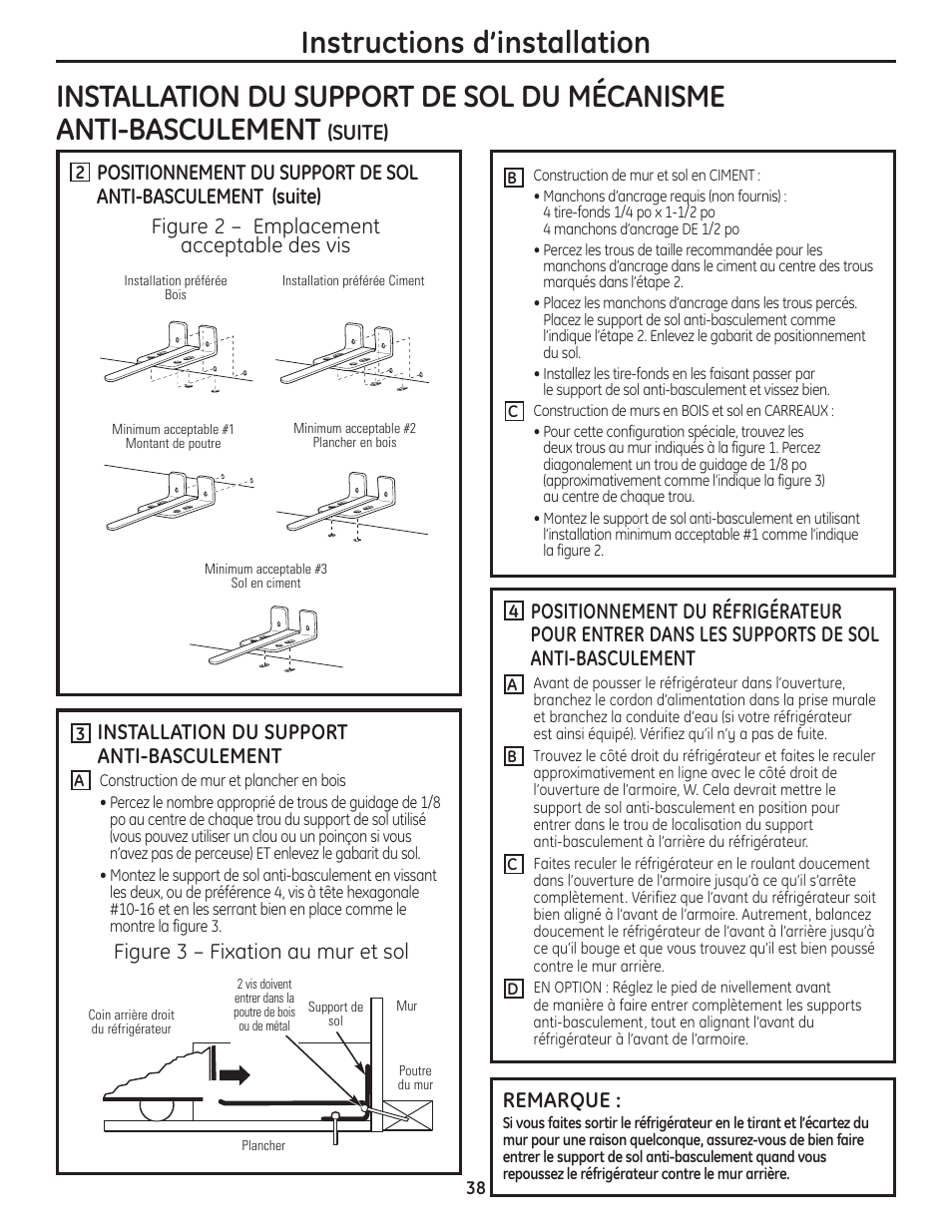 Instructions d’installation, Figure 2 – emplacement acceptable des vis, Installation du support anti-basculement | Figure 3 – fixation au mur et sol remarque, Suite) | GE GBC12IAX User Manual | Page 38 / 68