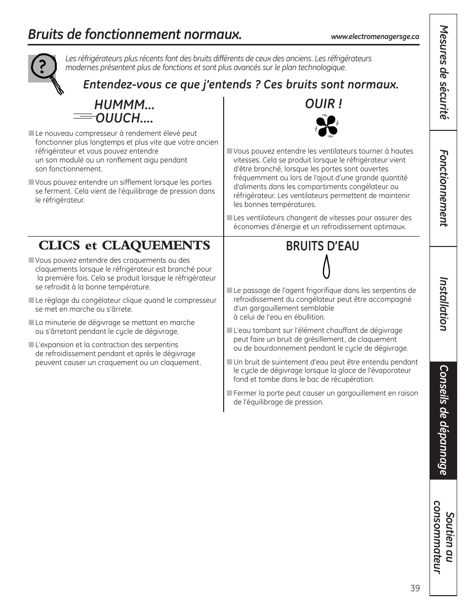 Conseils de dépannage, Bruits normaux de fonctionnement, Bruits de fonctionnement normaux | Hummm... ouuch, Clics et claquements, Bruits d’eau, Ouir | GE GBC12IAX User Manual | Page 39 / 68