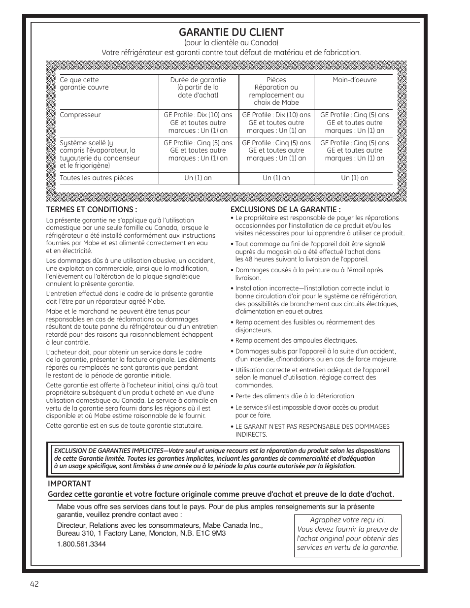 Garantie pour la clientèle au canada, Garantie du client | GE GBC12IAX User Manual | Page 42 / 68