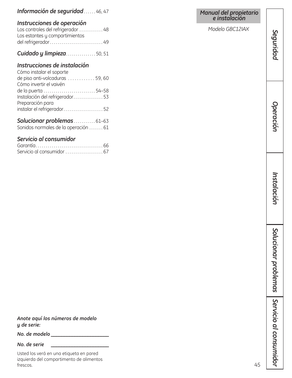 Spanish, Instrucciones de operación, Instrucciones de instalación | Servicio al consumidor | GE GBC12IAX User Manual | Page 45 / 68