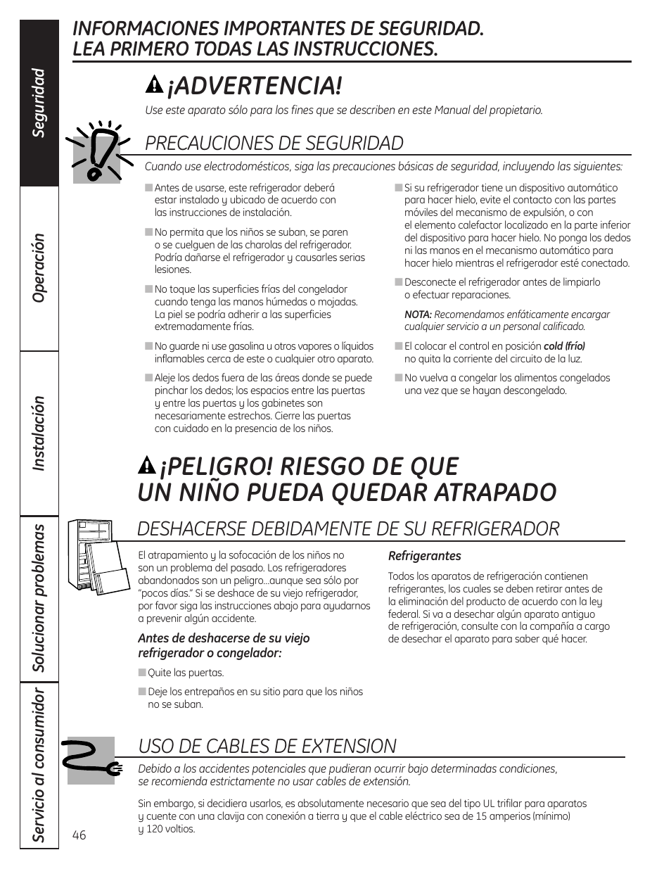 Información de seguridad, Advertencia, Precauciones de seguridad | Deshacerse debidamente de su refrigerador, Uso de cables de extension | GE GBC12IAX User Manual | Page 46 / 68
