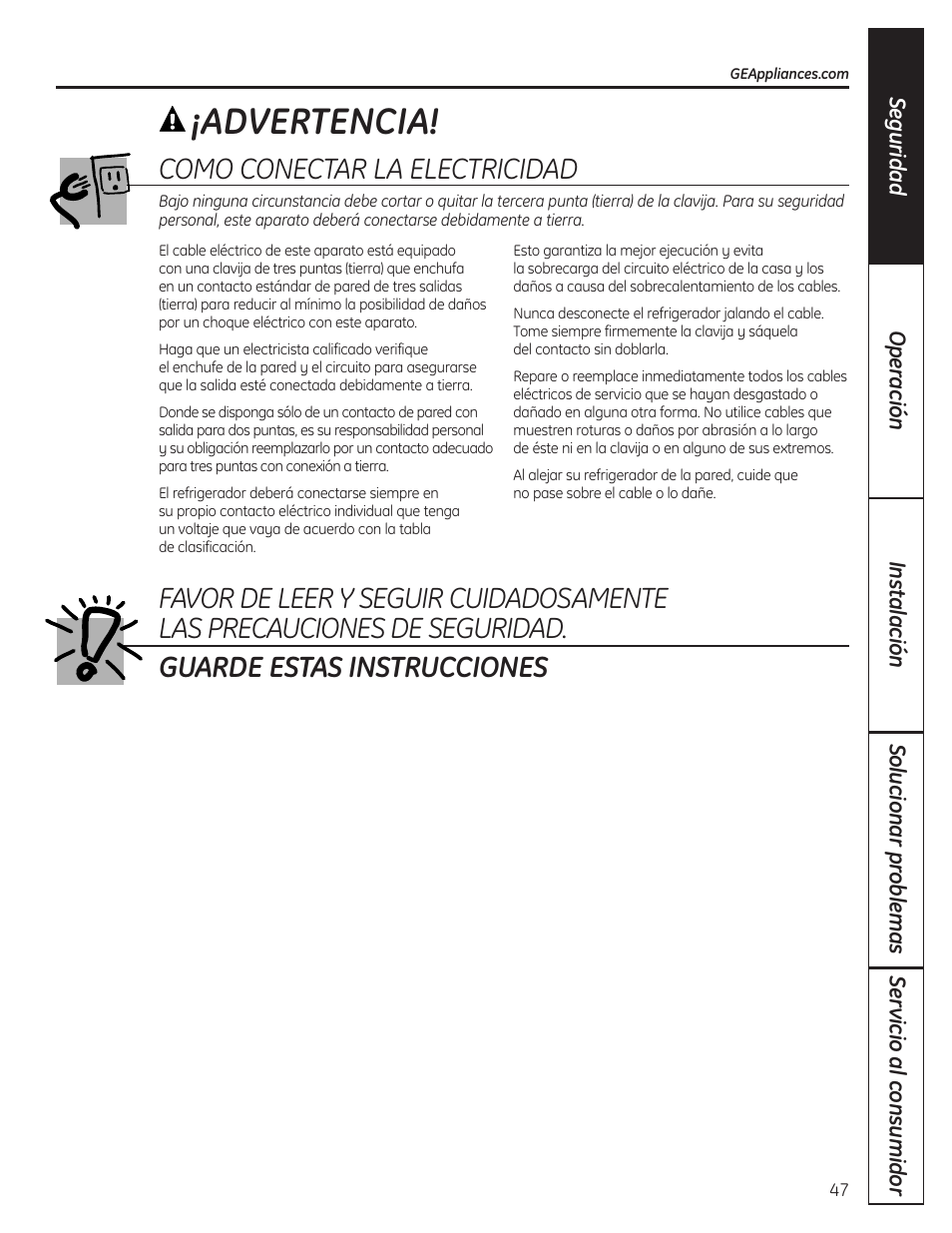 Advertencia, Como conectar la electricidad | GE GBC12IAX User Manual | Page 47 / 68