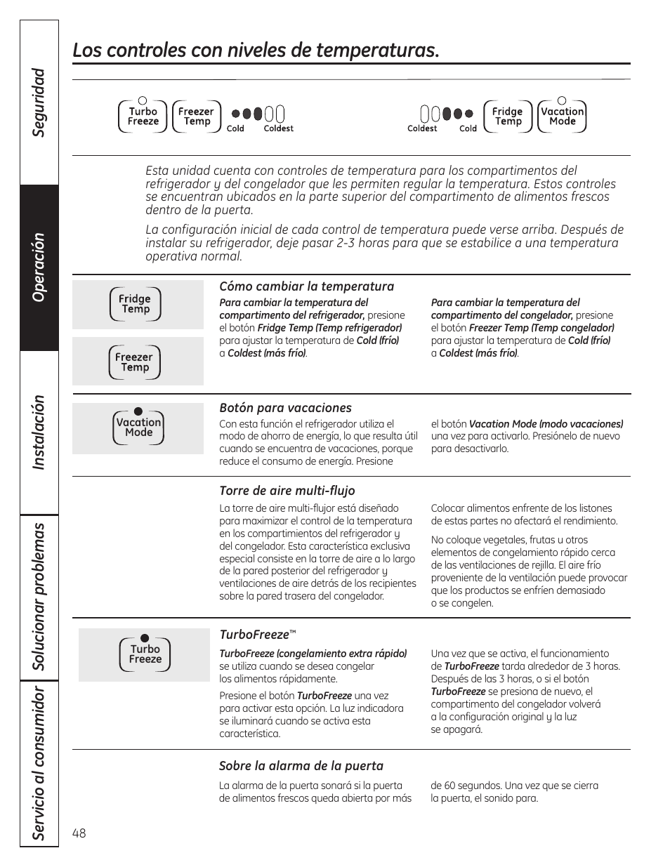 Los controles del refrigerador, Los controles con niveles de temperaturas | GE GBC12IAX User Manual | Page 48 / 68