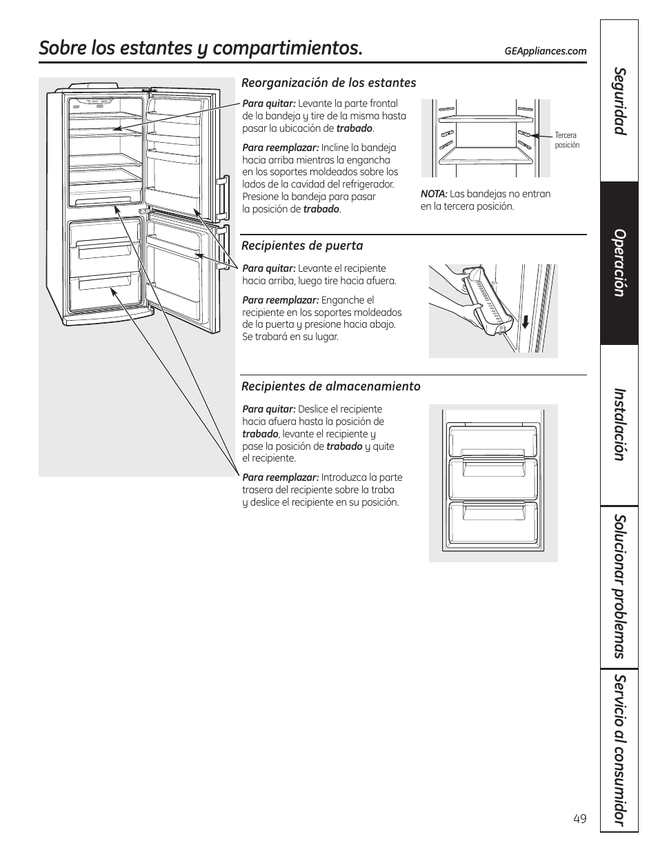 Los estantes y compartimientosdel refrigerador, Los estantes y compartimientos del refrigerador, Sobre los estantes y compartimientos | GE GBC12IAX User Manual | Page 49 / 68