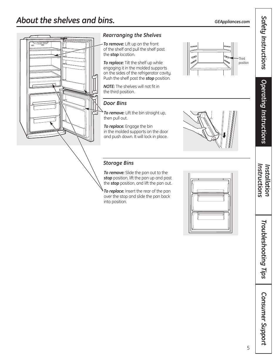 Shelves and bins, About the shelves and bins | GE GBC12IAX User Manual | Page 5 / 68