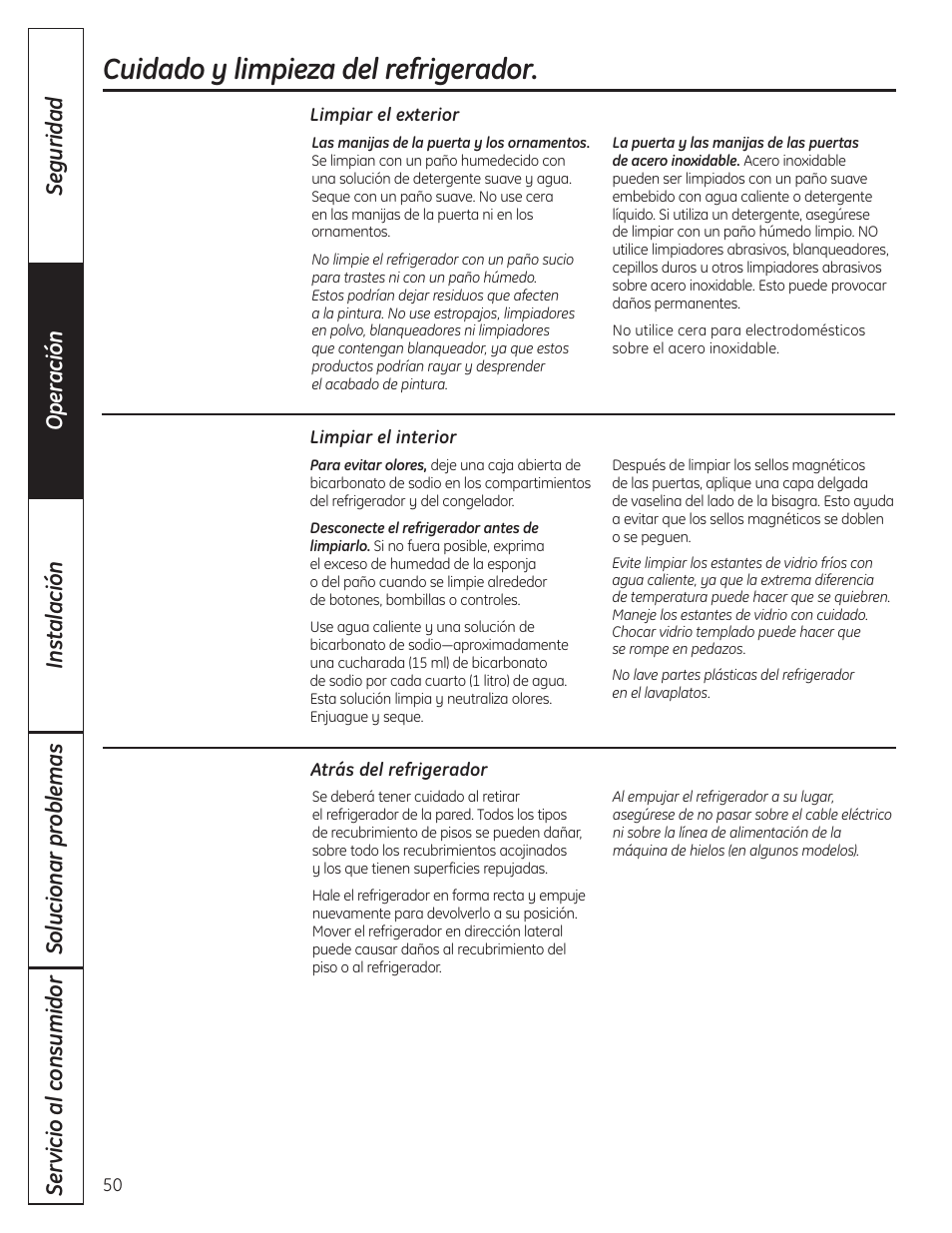 Cuidado y limpieza, Cuidado y limpieza del refrigerador | GE GBC12IAX User Manual | Page 50 / 68