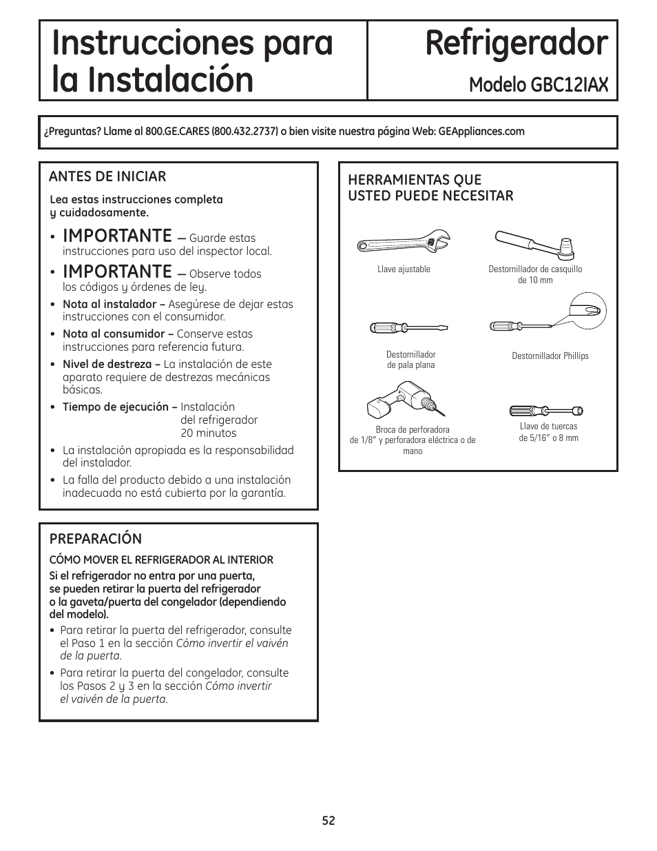 Preparación para instalar el refrigerador, Instrucciones para refrigerador la instalación, Modelo gbc12iax | Importante | GE GBC12IAX User Manual | Page 52 / 68