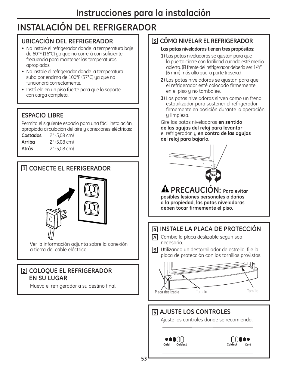 Instalación del refrigerador, Precaución | GE GBC12IAX User Manual | Page 53 / 68