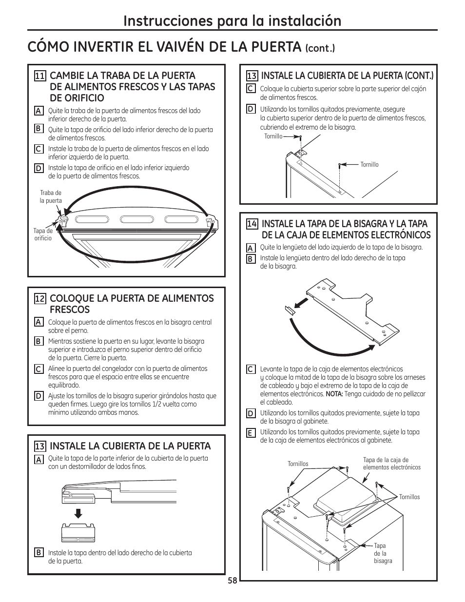 Coloque la puerta de alimentos frescos, Instale la cubierta de la puerta (cont.), Instale la cubierta de la puerta | GE GBC12IAX User Manual | Page 58 / 68