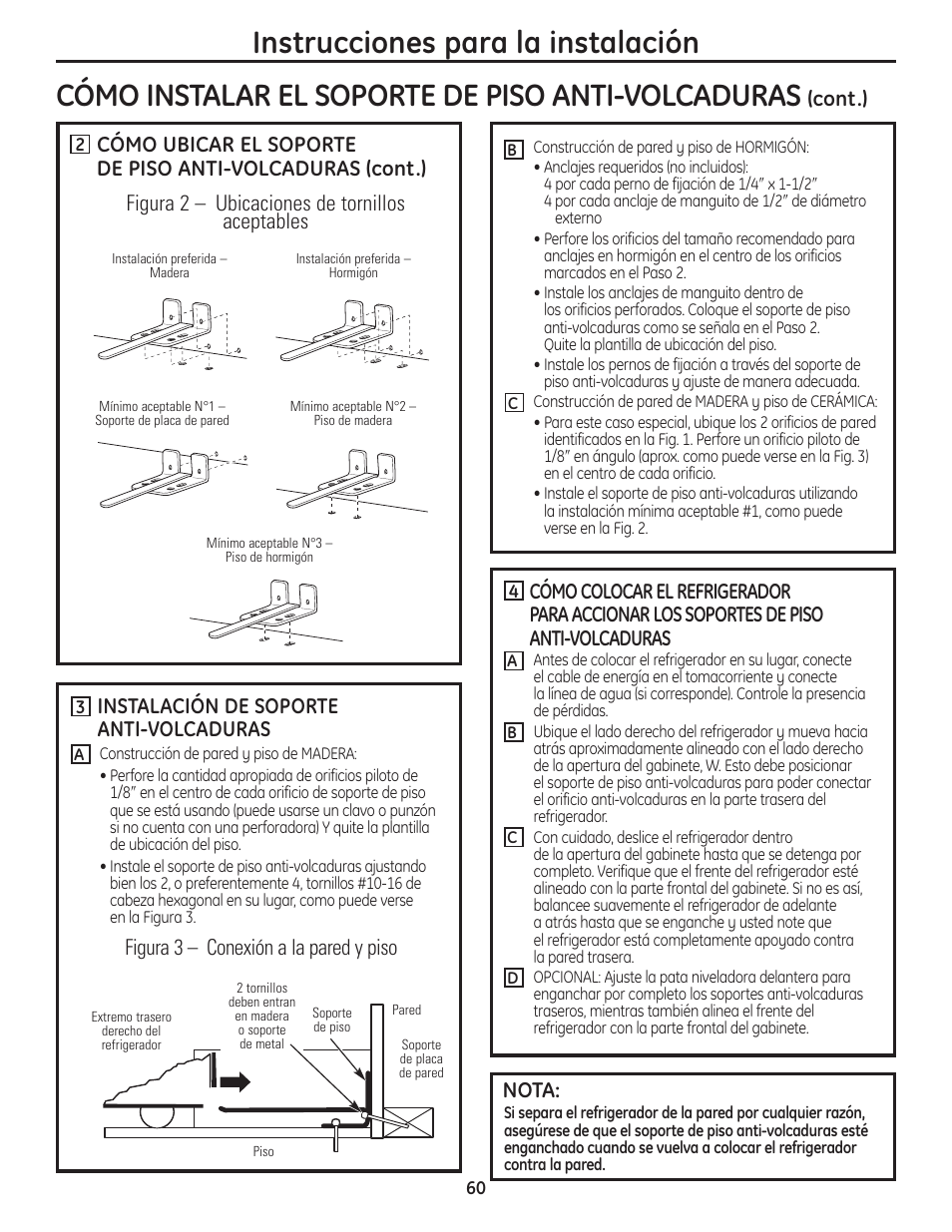 Cómo instalar el soporte de piso anti-volcaduras, Instrucciones para la instalación, Cont.) | Figura 2 – ubicaciones de tornillos aceptables, Instalación de soporte anti-volcaduras, Nota, Figura 3 – conexión a la pared y piso | GE GBC12IAX User Manual | Page 60 / 68