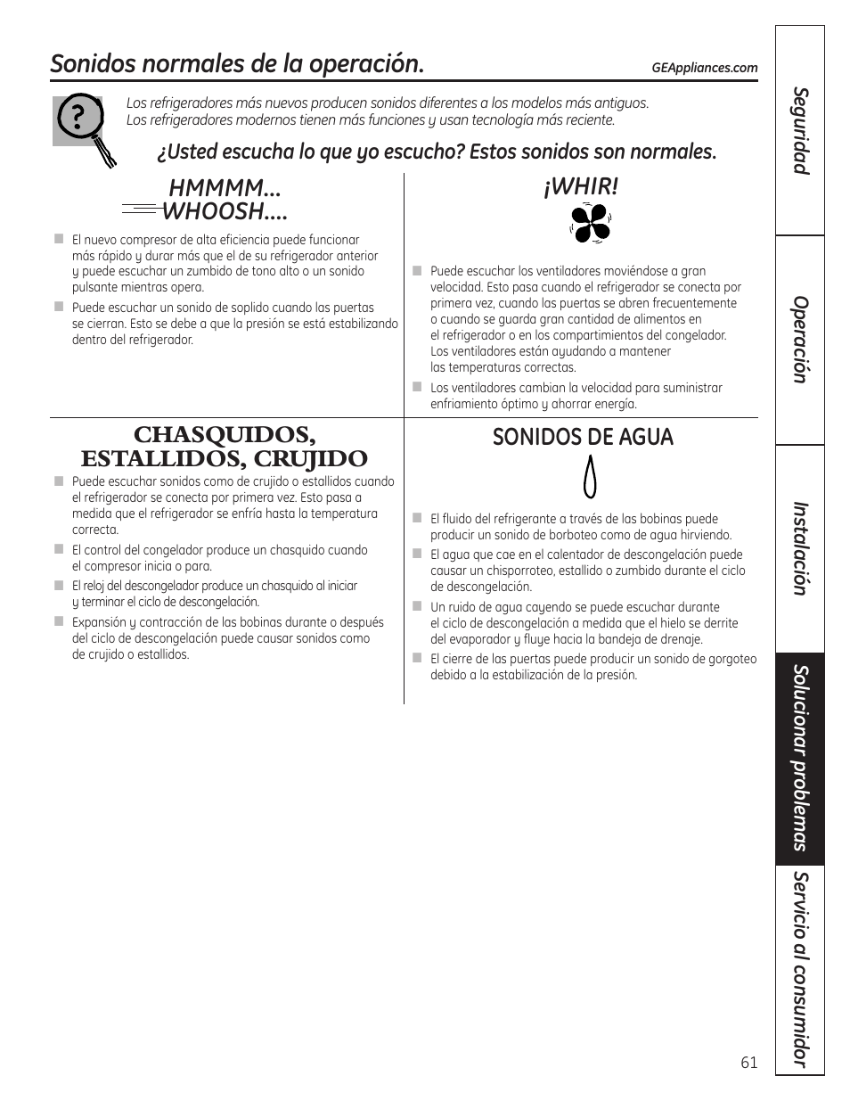 Solucionar problemas, Sonidos normales de la operación, Chasquidos, estallidos, crujido | Sonidos de agua, Whir | GE GBC12IAX User Manual | Page 61 / 68