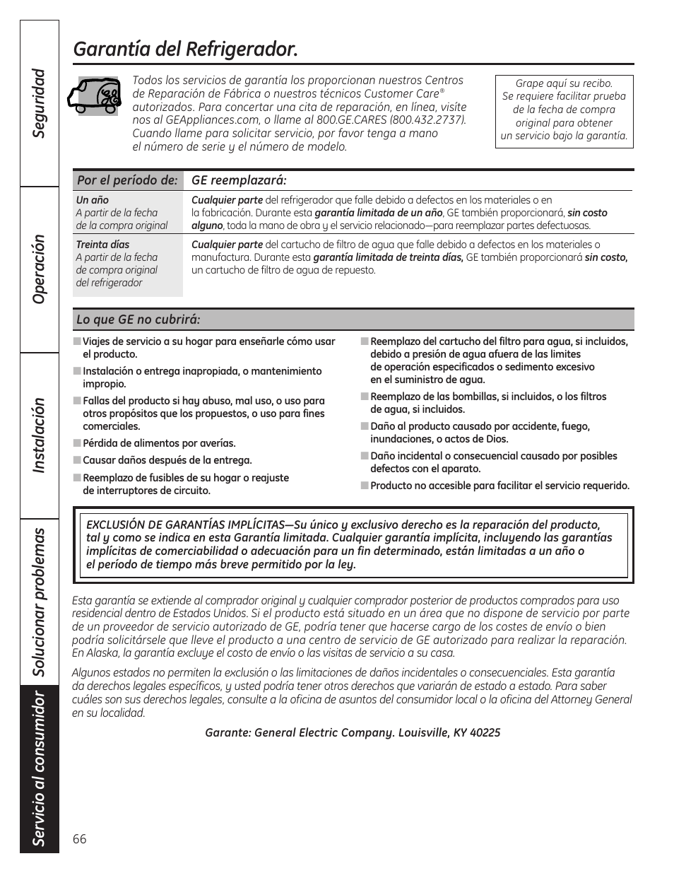 Garantía, Garantía del refrigerador | GE GBC12IAX User Manual | Page 66 / 68