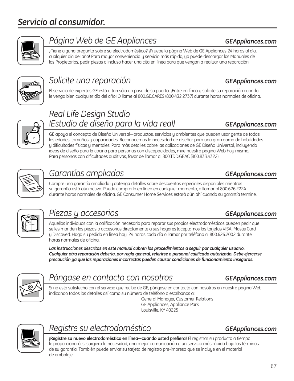 Servicio al consumidor, Solicite una reparación, Garantías ampliadas | Piezas y accesorios, Póngase en contacto con nosotros, Registre su electrodoméstico | GE GBC12IAX User Manual | Page 67 / 68