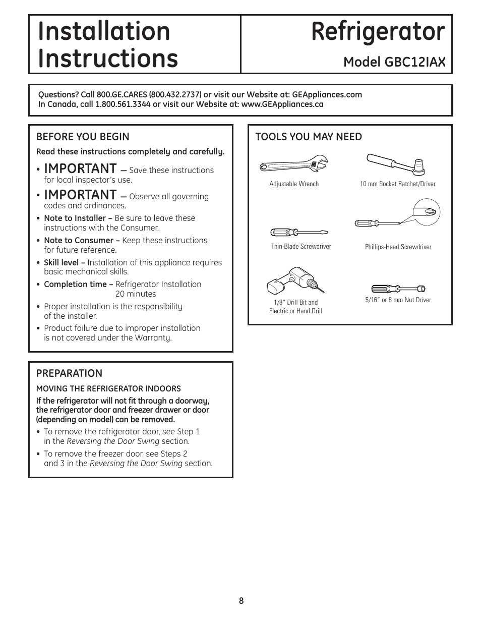 Preparing to install the refrigerator, Installation refrigerator instructions, Model gbc12iax | Important | GE GBC12IAX User Manual | Page 8 / 68