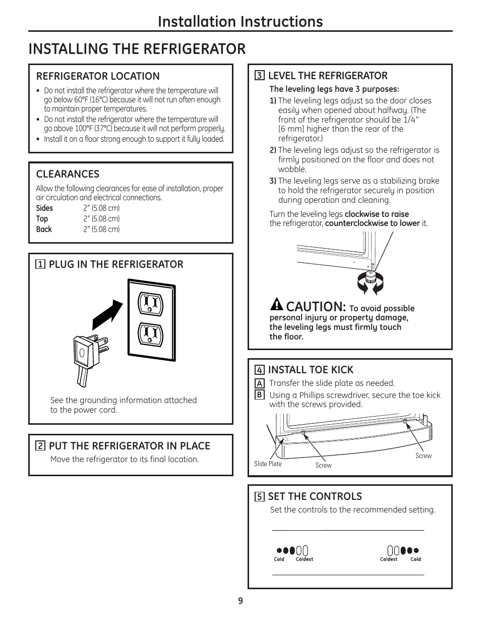 Installing the refrigerator, Caution | GE GBC12IAX User Manual | Page 9 / 68