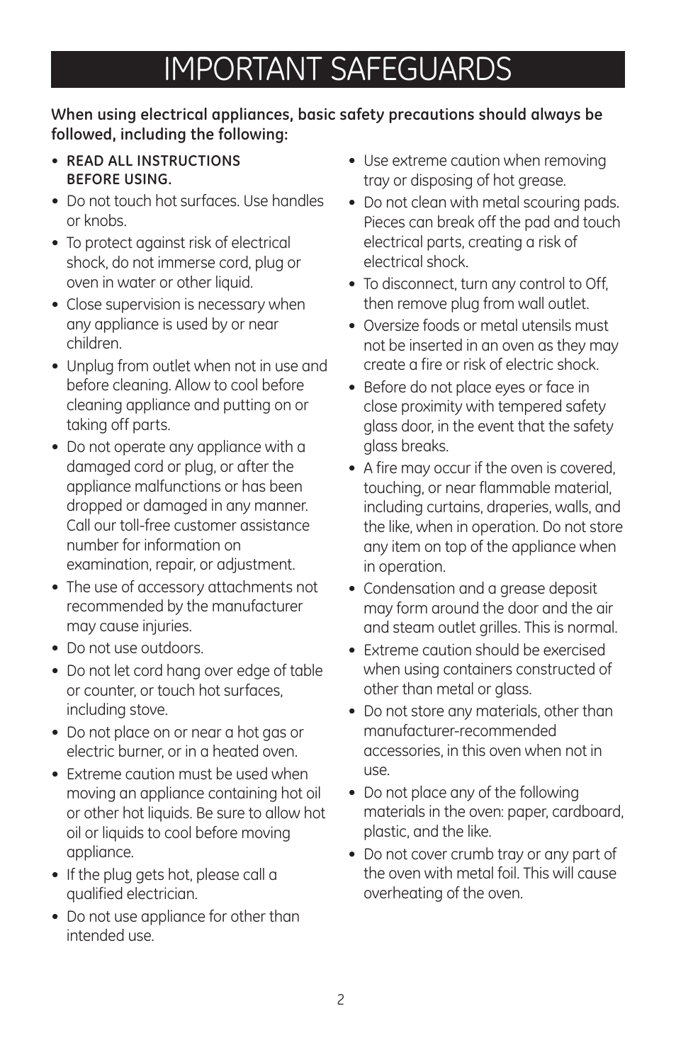 Important safeguards | GE 169074 User Manual | Page 2 / 9