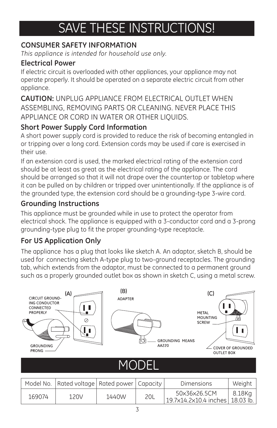 Save these instructions! model | GE 169074 User Manual | Page 3 / 9